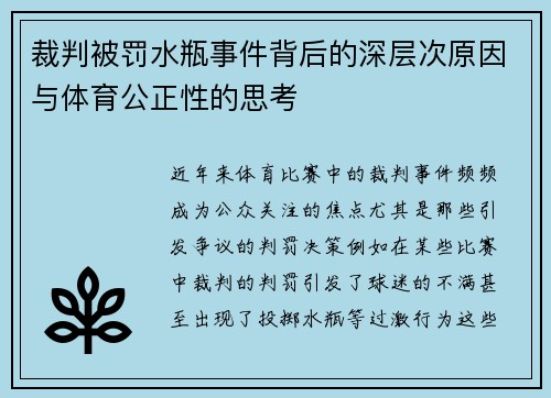 裁判被罚水瓶事件背后的深层次原因与体育公正性的思考