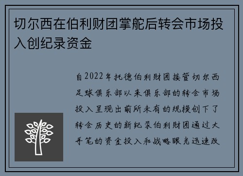 切尔西在伯利财团掌舵后转会市场投入创纪录资金 切尔西在伯利财团掌舵后转会市场投入创纪录资金