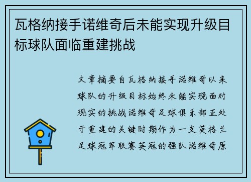 瓦格纳接手诺维奇后未能实现升级目标球队面临重建挑战