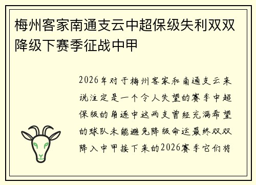 梅州客家南通支云中超保级失利双双降级下赛季征战中甲 梅州客家南通支云中超保级失利双双降级下赛季征战中甲